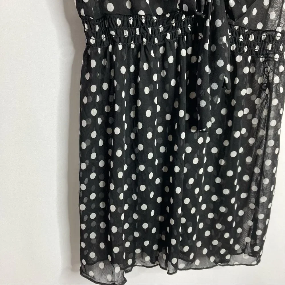 Y2K Lashes Mesh Blouse Black White Polka Dots Deep V Neck Small
